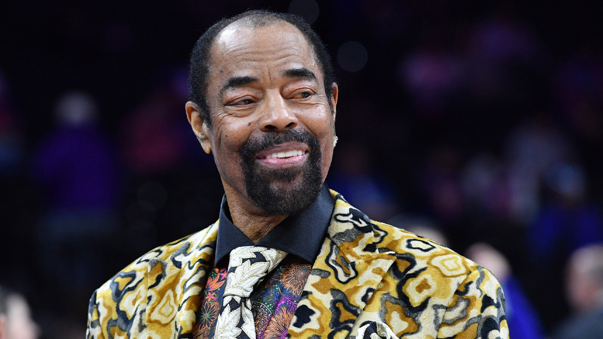 MSG Network announcer and former New York Knicks great Walt Frazier on the court before game against the Philadelphia 76ers at Wells Fargo Center.
