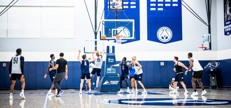The BYU basketball team practice during the first day of spring practice, May 5, 2025, a the Marriott Center Annex.