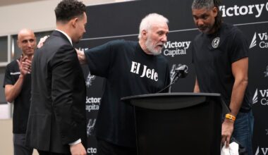 With the help of former players Manu Ginobili (back left) and Tim Duncan (right) former Spurs coach Gregg Popovich introduces Mitch Johnson (front left) as the new coach.