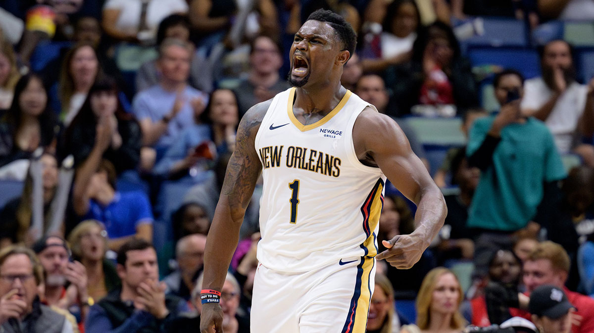 New Orleans Pelicans forward Zion Williamson (1) reacts after a dunk against the Los Angeles Clippers during the fourth quarter at Smoothie King Center.