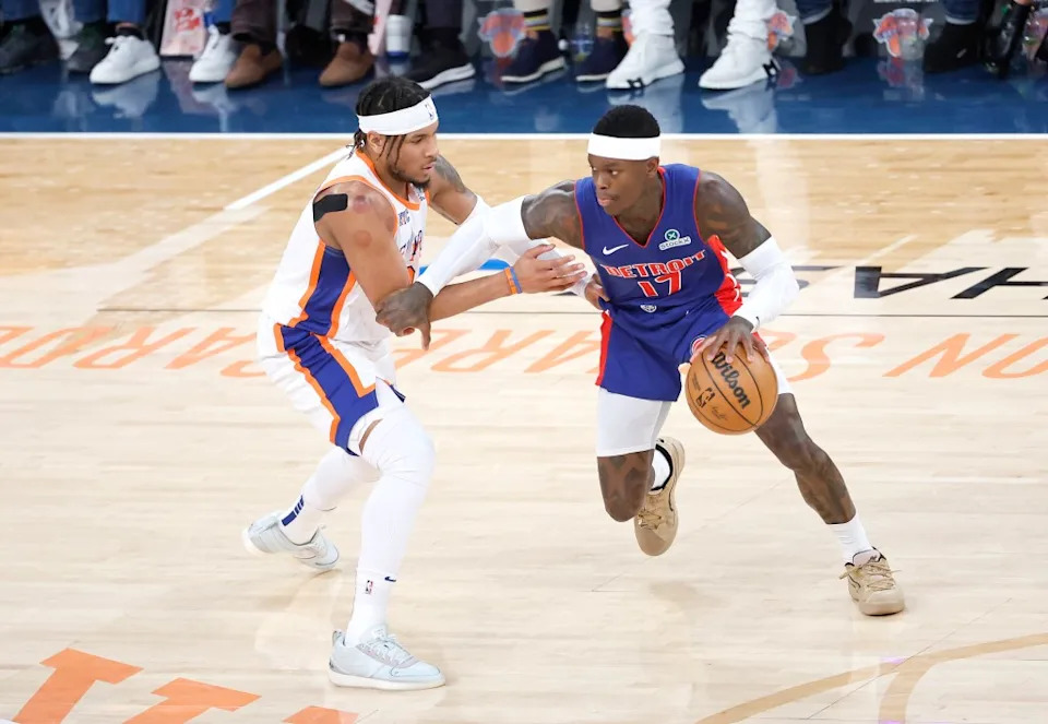 Miles McBride defends during the Knicks’ playoff game against the Pistons on April 29. Jason Szenes for the NY Post