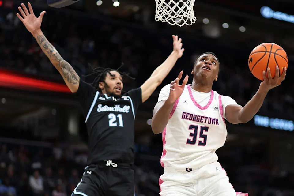 Feb 8, 2025; Washington, District of Columbia, USA; Georgetown Hoyas forward Thomas Sorber (35) takes a shot over Seton Hall Pirates guard Isaiah Coleman (21) during the first half at Capital One Arena. Mandatory Credit: Daniel Kucin Jr.-Imagn Images