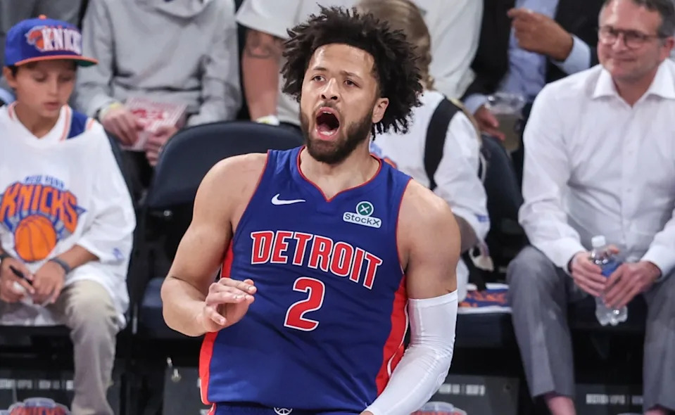 Detroit Pistons guard Cade Cunningham (2) celebrates after scoring in the third quarter against the New York Knicks during game five of first round for the 2025 NBA Playoffs at Madison Square Garden. Mandatory Credit&colon; Wendell Cruz-Imagn Images