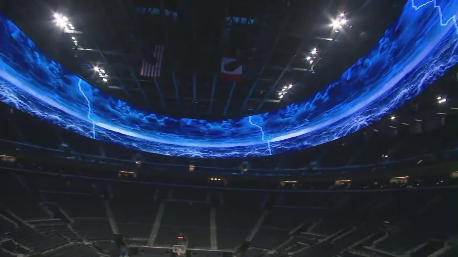The “halo” board in the Intuit Dome will be interactive, with buttons on each seat allowing fans to play games. (KTLA)