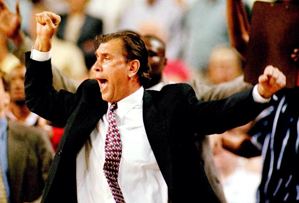 Houston Rockets head coach Rudy Tomjanovich celebrates his teams 97-93 victory over the Seattle Sonics in game three of their Western Conference semifinal Key Arena in Seattle. T