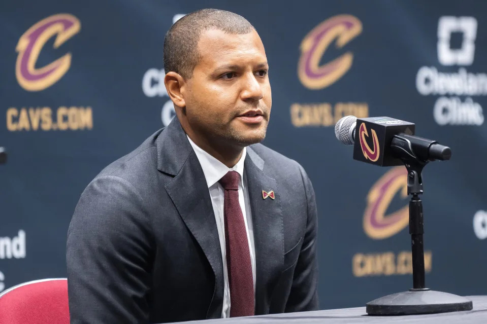 Cavaliers president of basketball operations Koby Altman talks during media day, Oct. 2, 2023, in Cleveland.