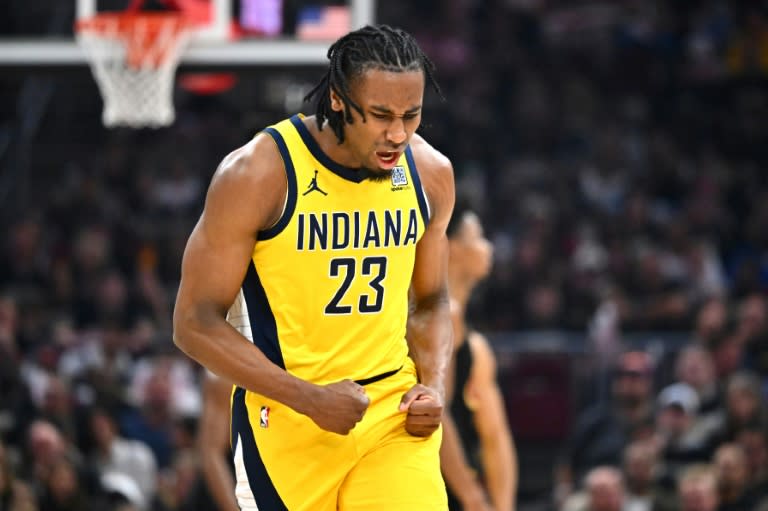 Aaron Nesmith's flurry of three-pointers helped the Indiana Pacers to a stunning comeback win at the New York Knicks on Wednesday. (Jason Miller)
