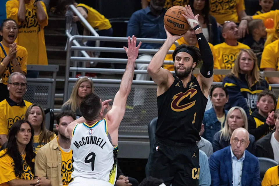 Cleveland Cavaliers guard Max Strus (1) shoots the ball while Indiana Pacers guard T.J. McConnell (9) defends during Game 3 of a second-round playoff series May 9, 2025, in Indianapolis, Indiana.