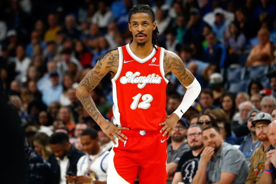 Apr 1, 2025; Memphis, Tennessee, USA; Memphis Grizzlies guard Ja Morant (12) looks on during the fourth quarter against the Golden State Warriors at FedExForum. Mandatory Credit: Petre Thomas-Imagn ImagesMandatory Credit: Petre Thomas-Imagn Images