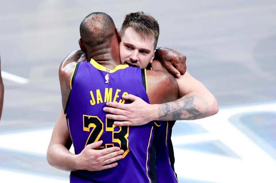 Los Angeles Lakers stars Luka Doncic (77) and LeBron James (23)Kevin Jairaj-Imagn Images