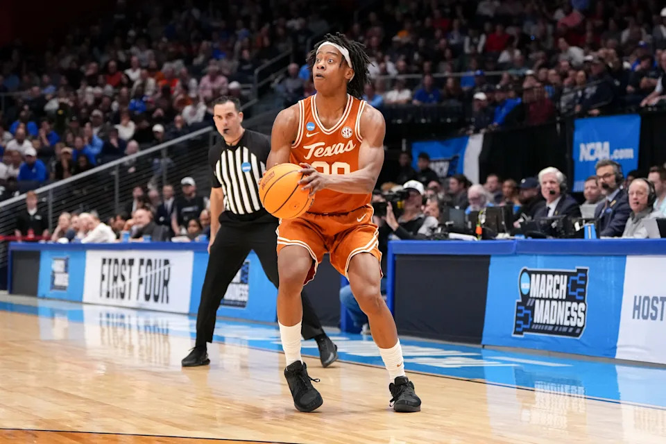 DAYTON, OHIO - MARCH 19: Tre Johnson #20 of the Texas Longhorns attempts a shot in the second half against the Xavier Musketeers in the First Four game of the NCAA Men's Basketball Tournament at University of Dayton Arena on March 19, 2025 in Dayton, Ohio. (Photo by )