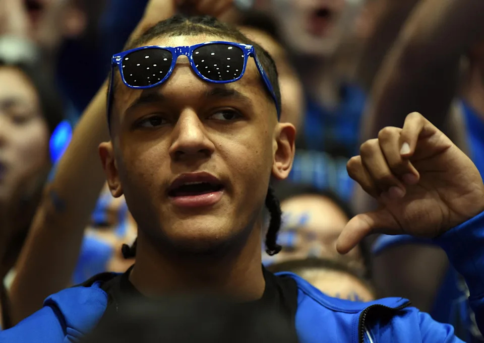 Former Duke Blue Devils forward Paolo Banchero reacts to the North Carolina Tar Heels taking the floor prior to a game at Cameron Indoor Stadium.
