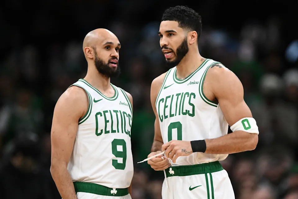 Boston Celtics guard Derrick White (9) and forward Jayson Tatum (0).Brian Fluharty-Imagn Images