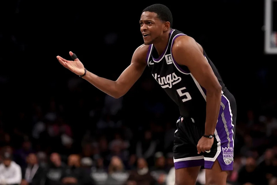 Sacramento Kings guard De'Aaron Fox (5) reacts during the second quarter against the Brooklyn Nets at Barclays Center.Mandatory Credit: Brad Penner-Imagn Images