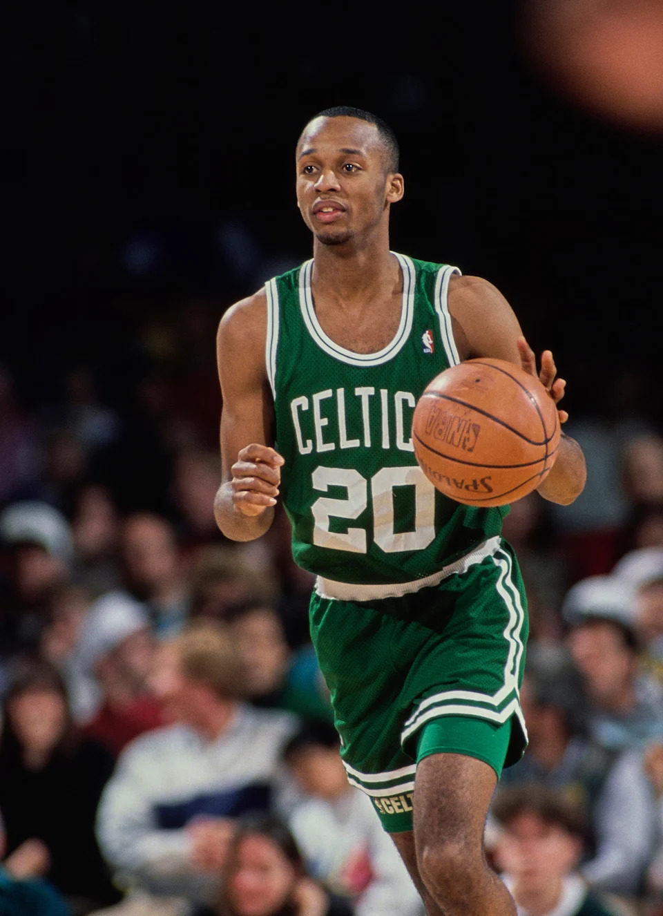 Brian Shaw #20, Point Guard and Shooting Guard for the Boston Celtics in motion dribbling the basketball down court during the NBA Midwest Division basketball game against the Denver Nuggets on 17th February 1991 at the McNichols Sports Arena in Denver, Colorado, United States. The Boston Celtics won the game 126 - 108. (Photo by Tim DeFrisco/Allsport/Getty Images)