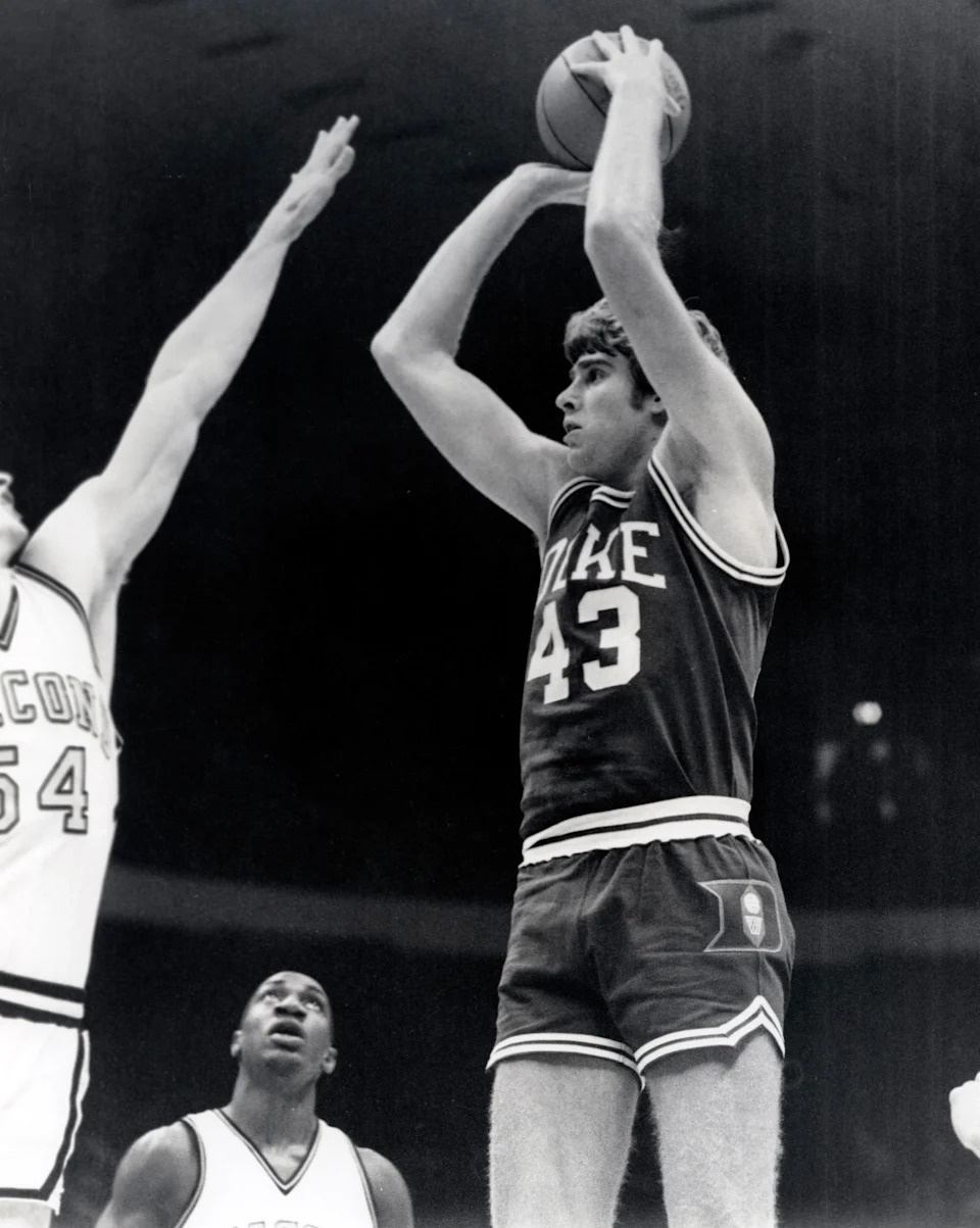 Duke Blue Devils forward Mike Gminski (43) shoots against Wake Forest.