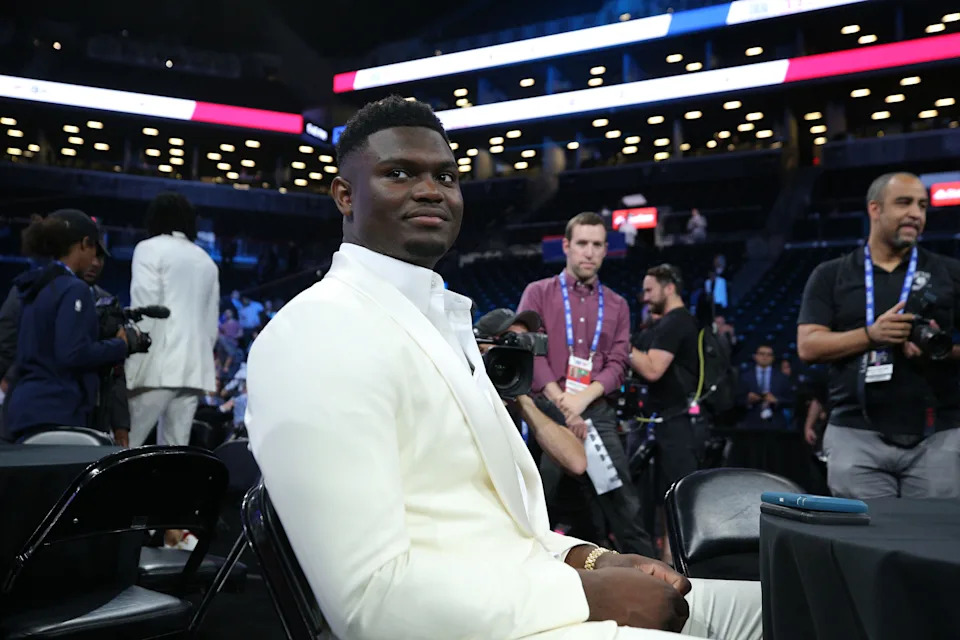 Zion Williamson (Duke) looks on prior to the start of the 2019 NBA draft at Barclays Center.
