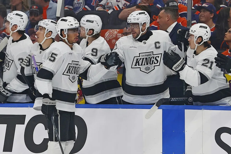 The Los Angeles Kings celebrate a goal by forward Quinton Byfield (55) during the first period against the Edmonton Oilers in game six of the first round of the 2025 Stanley Cup Playoffs at Rogers Arena..Perry Nelson-Imagn Images