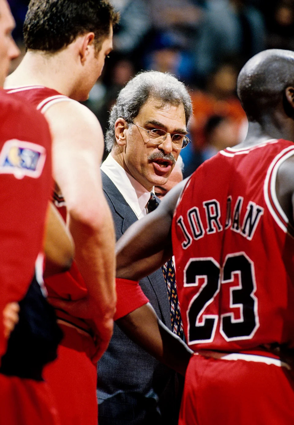 Feb 2, 1997;Chicago Bulls head coach Phil Jackson and guard Michael Jordan on the sidelines against the Atlanta Hawks at the Omni Arena.