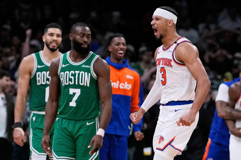 New York Knicks guard Josh Hart (3) celebrates after defeating the Boston Celtics in Game 2 of an NBA basketball second-round playoff series, Wednesday, May 7, 2025, in Boston. (AP Photo/Charles Krupa)