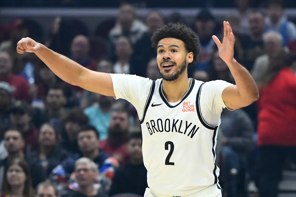 Mar 11, 2025; Cleveland, Ohio, USA; Brooklyn Nets forward Cameron Johnson (2) reacts in the first quarter against the Cleveland Cavaliers at Rocket Arena. Mandatory Credit: David Richard-Imagn Images