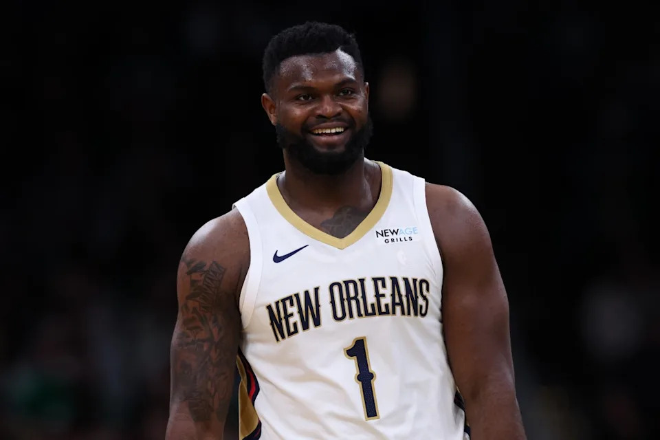 New Orleans Pelicans forward Zion Williamson (1) reacts during the second half against the Boston Celtics at TD Garden. Mandatory Credit: Paul Rutherford-Imagn ImagesCredit: Paul Rutherford-Imagn Images