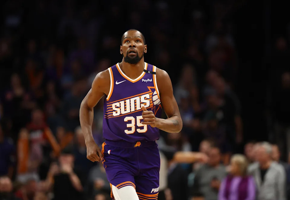 Phoenix Suns forward Kevin Durant in action against the Dallas Mavericks at Footprint Center.Mark J&period; Rebilas-Imagn Images