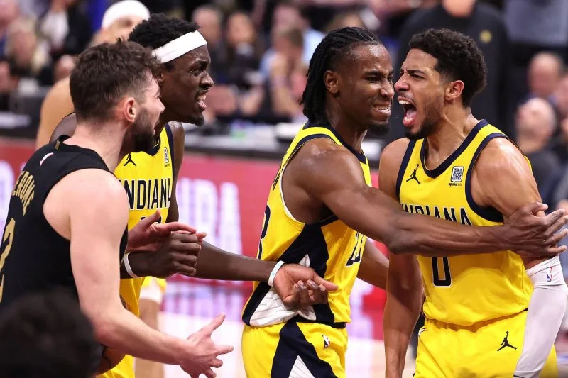 Indiana Pacers point guard Tyrese Haliburton (R) reacts during a win over the Cleveland Cavaliers in Game 5 of the Eastern Conference semifinals Tuesday in Cleveland. Photo by Aaron Josefczyk/UPI