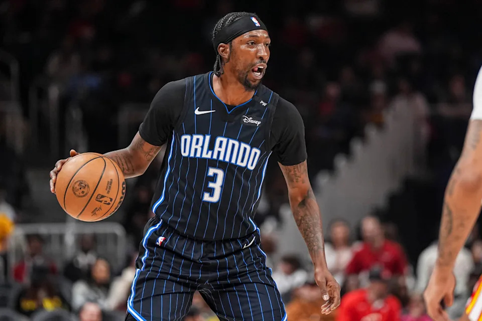 Orlando Magic guard Kentavious Caldwell-Pope controls the ball against the Atlanta Hawks during the first half at State Farm Arena.Dale Zanine-Imagn Images