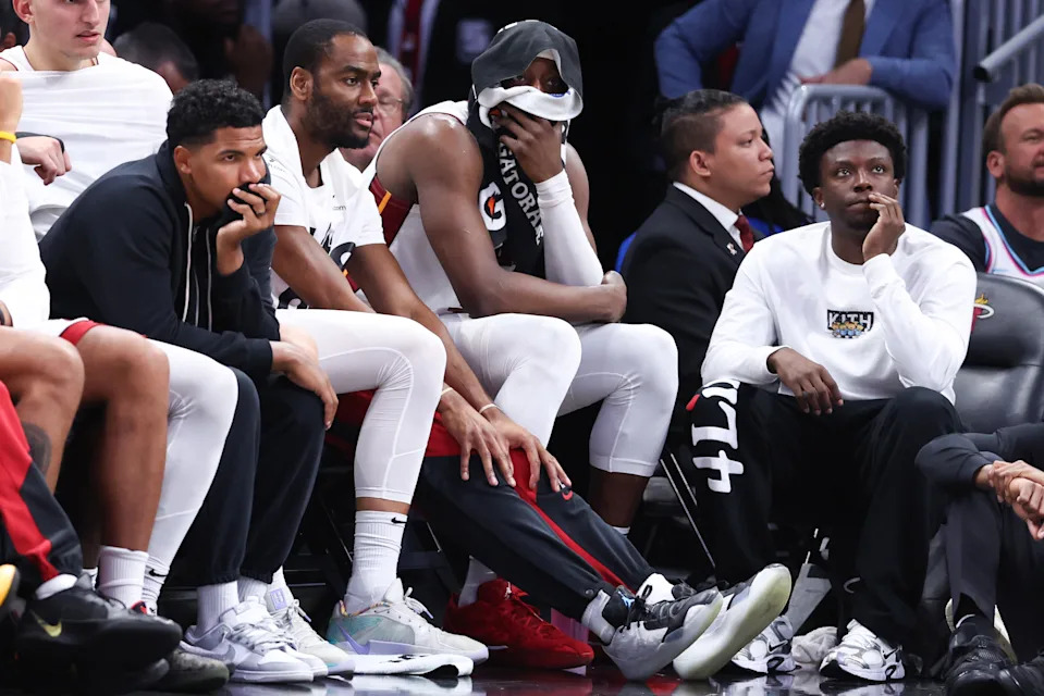MIAMI, FLORIDA - APRIL 28: Bam Adebayo #13 of the Miami Heat looks on from the bench during the fourth quarter against the Cleveland Cavaliers in Game Four of the Eastern Conference First Round NBA Playoffs at Kaseya Center on April 28, 2025 in Miami, Florida. NOTE TO USER: User expressly acknowledges and agrees that, by downloading and or using this photograph, User is consenting to the terms and conditions of the Getty Images License Agreement. (Photo by Megan Briggs/Getty Images)