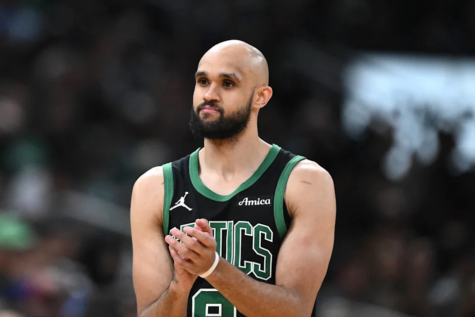 BOSTON, MASSACHUSETTS - MAY 14: Derrick White #9 of the Boston Celtics celebrates a basket against the New York Knicks during the third quarter in Game Five of the Eastern Conference Second Round NBA Playoffs at TD Garden on May 14, 2025 in Boston, Massachusetts. NOTE TO USER: User expressly acknowledges and agrees that, by downloading and or using this photograph, User is consenting to the terms and conditions of the Getty Images License Agreement. (Photo by Brian Fluharty/Getty Images)