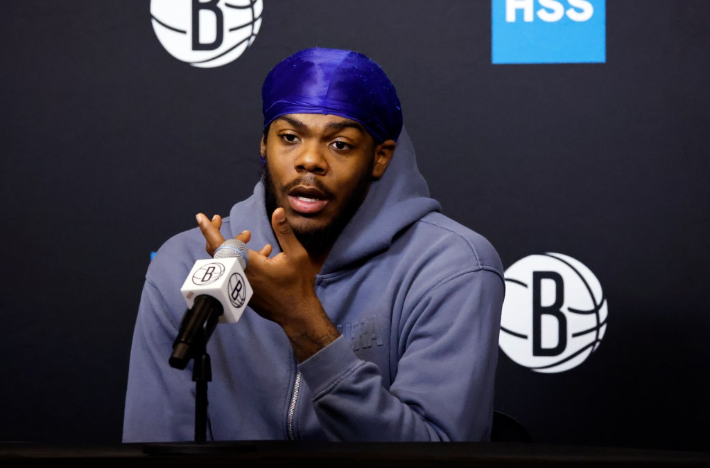 Day'Ron Sharpe speaks to the media on April 14, 2025. 