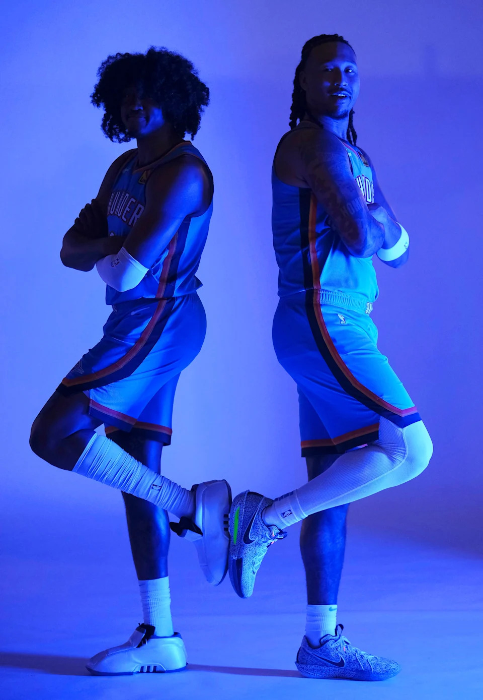 Jalen Williams, left, and Jaylin Willams ham it up for the cameras. Thunder media day ay the Paycom Center Monday, Sept. 30, 2024.