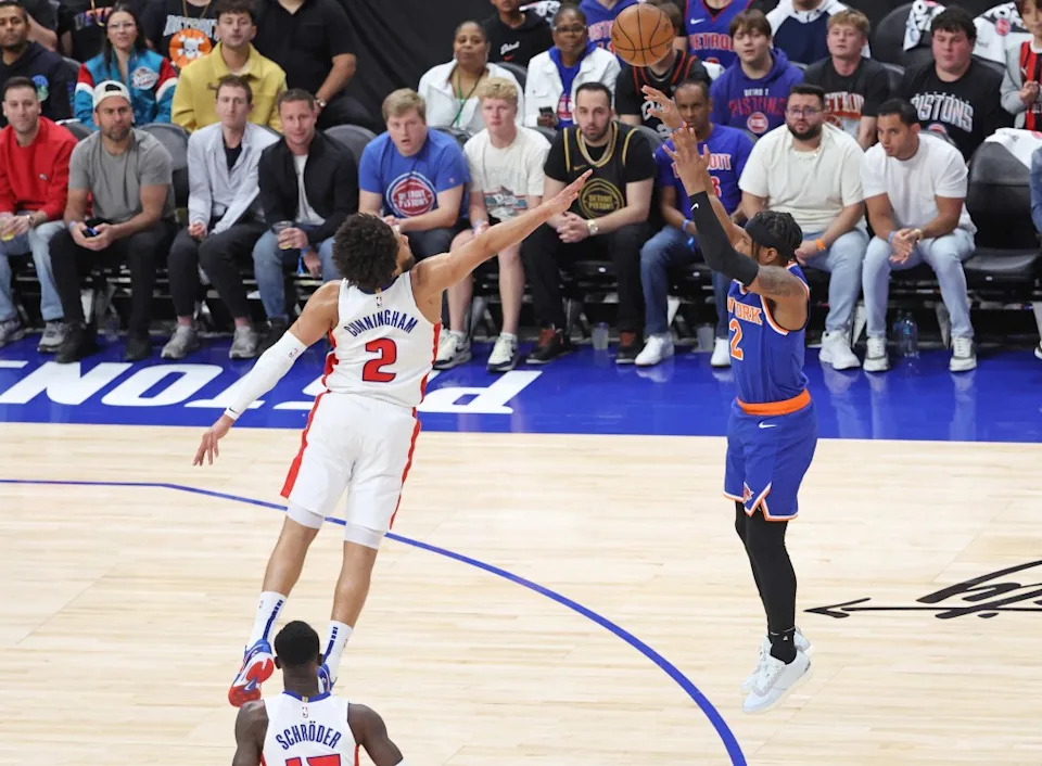 Miles McBride attempts a shot during the Knicks’ game against the Pistons on April 27. Charles Wenzelberg