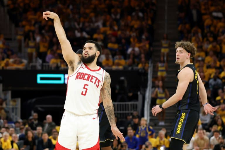 Fred VanVleet of the Houston Rockets reacts to a three point basket in the Rockets' victory over the Golden State Warriors in game six of their NBA playoff series (EZRA SHAW)