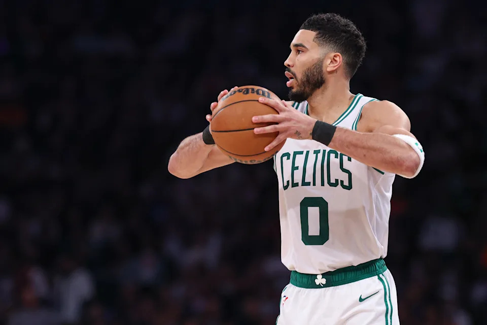 May 12, 2025; New York, New York, USA; Boston Celtics forward Jayson Tatum (0) looks to pass in the second half during game four of the second round for the 2025 NBA Playoffs against the New York Knicks at Madison Square Garden. Mandatory Credit: Vincent Carchietta-Imagn Images