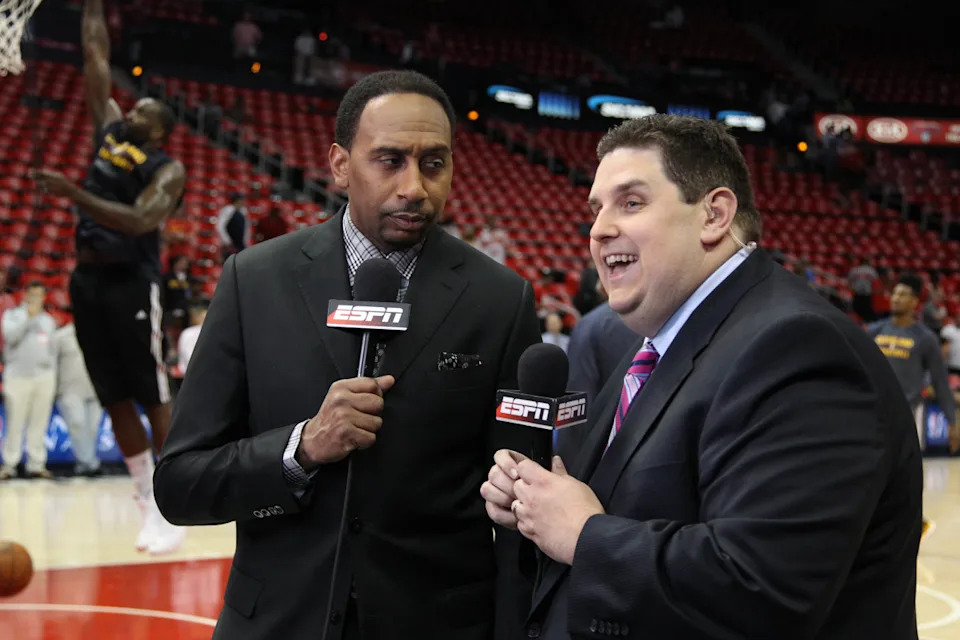 ESPN's Brian Windhorst and Stephen A. Smith.© Brett Davis-Imagn Images