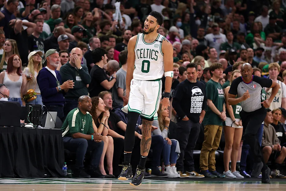 MILWAUKEE, WISCONSIN - MAY 13: Jayson Tatum #0 of the Boston Celtics reacts to a three point shot against the Milwaukee Bucks during the second half of Game Six of the Eastern Conference Semifinals at Fiserv Forum on May 13, 2022 in Milwaukee, Wisconsin. NOTE TO USER: User expressly acknowledges and agrees that, by downloading and or using this photograph, User is consenting to the terms and conditions of the Getty Images License Agreement. (Photo by Stacy Revere/Getty Images)