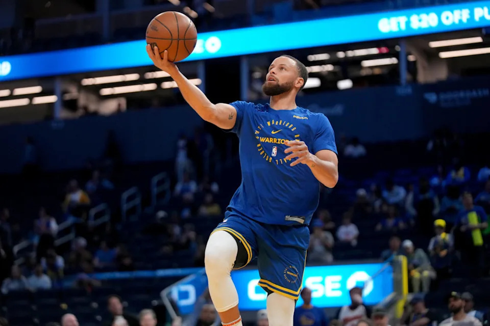 Apr 6, 2025; San Francisco, California, USA; Golden State Warriors guard Stephen Curry (30) warms up before the start of the game against the Houston Rockets at the Chase Center. Mandatory Credit: Cary Edmondson-Imagn Images Mandatory Credit: Cary Edmondson-Imagn Images