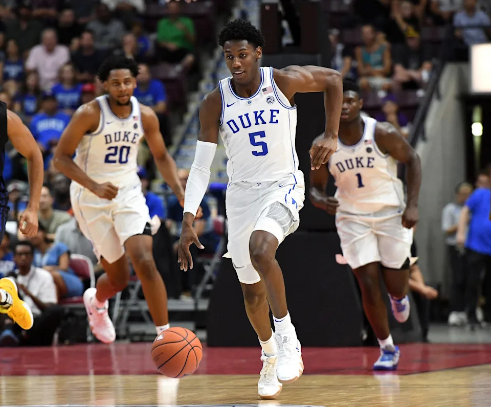 Duke University forward R.J. Barrett dribbles the ball up the floor in a preseason game against Ryerson University.