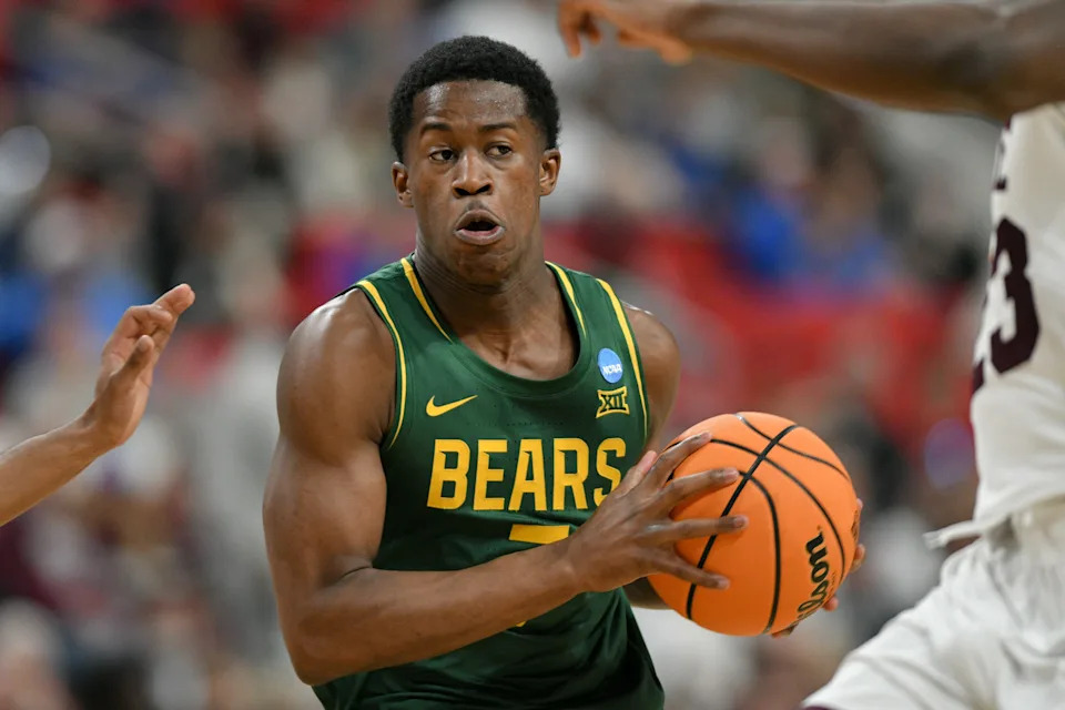Mar 21, 2025; Raleigh, NC, USA; Baylor Bears guard VJ Edgecombe (7) has the ball against the Mississippi State Bulldogs during the second half in the first round of the NCAA Tournament at Lenovo Center. Mandatory Credit: Zachary Taft-Imagn Images