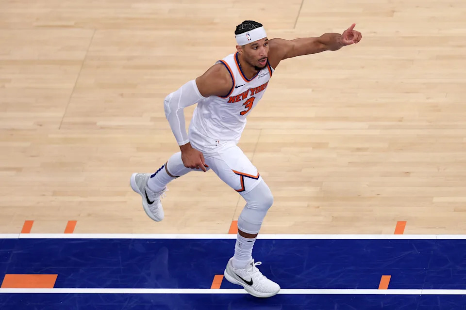 NEW YORK, NEW YORK - MAY 23: Josh Hart #3 of the New York Knicks reacts against the Indiana Pacers during the fourth quarter in Game Two of the Eastern Conference Finals of the 2025 NBA Playoffs at Madison Square Garden on May 23, 2025 in New York City. NOTE TO USER: User expressly acknowledges and agrees that, by downloading and or using this photograph, User is consenting to the terms and conditions of the Getty Images License Agreement. (Photo by Dustin Satloff/Getty Images)