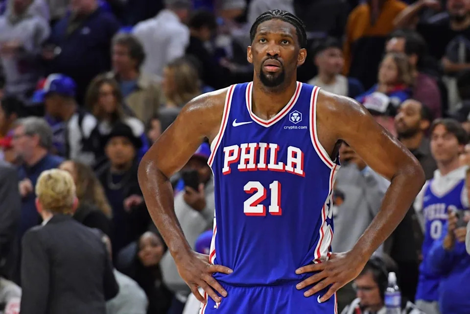Apr 2, 2024; Philadelphia, Pennsylvania, USA; Philadelphia 76ers center Joel Embiid (21) against the Oklahoma City Thunder at Wells Fargo Center. Mandatory Credit: Eric Hartline-Imagn Images Mandatory Credit&colon; Eric Hartline-Imagn Images