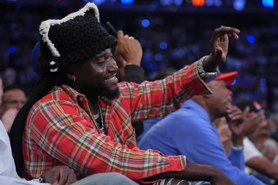 Music artist Shaboozey reacts during the second quarter of Game 5 of the NBA Eastern Conference finals between the New York Knicks and the Indiana Pacers, Thursday, May 29, 2025, in New York. AP