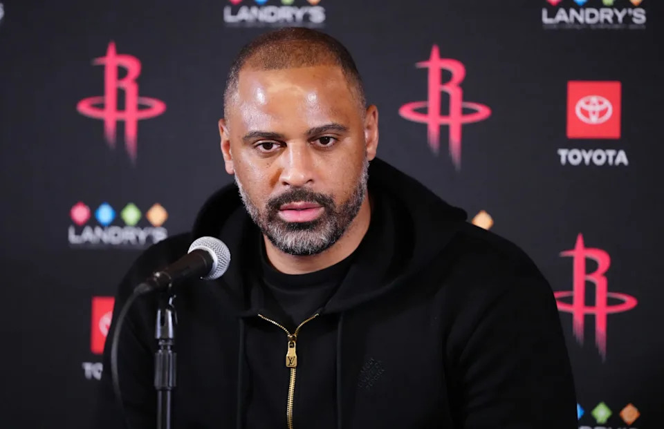 Houston Rockets coach Ime Udoka at a press conference before a game against the LA Clippers at the Intuit Dome.Kirby Lee-Imagn Images