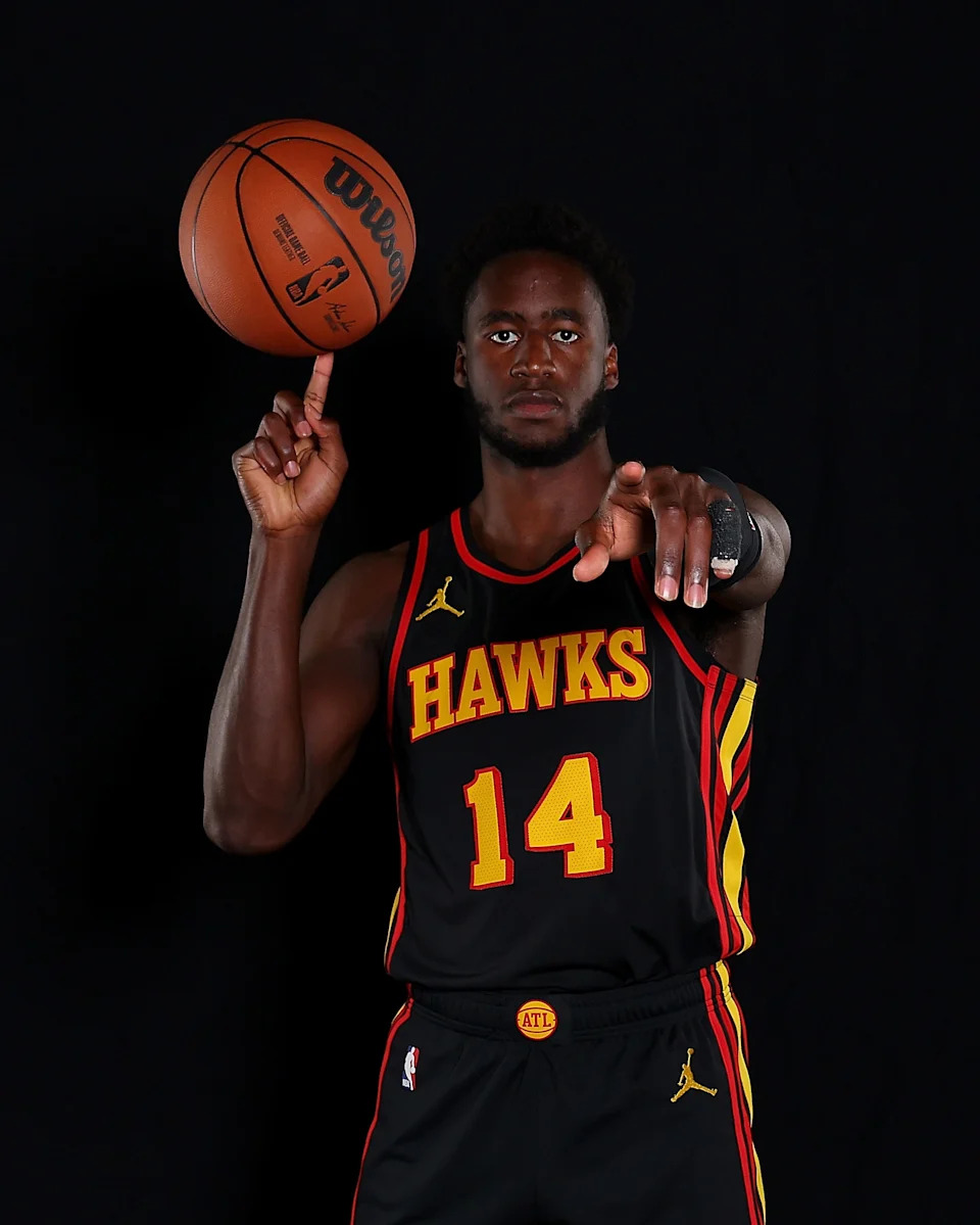 AJ Griffin #14 of the Atlanta Hawks poses for portraits during media day at PC&E Atlanta on October 02, 2023.