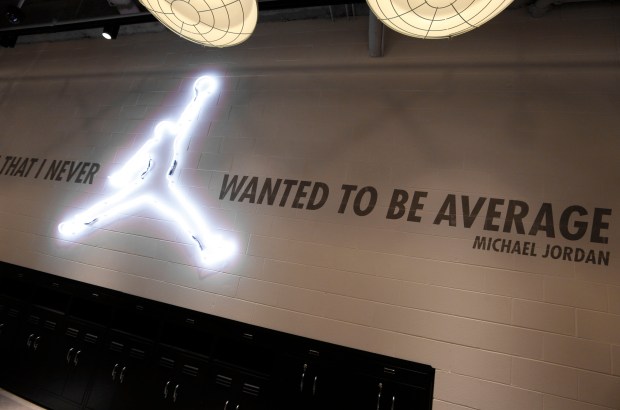 The Michael Jordan icon looms over the interior of the remodeled Nike store on North Michigan Avenue on Sept. 25, 2012. (Terrence Antonio James/Chicago Tribune)