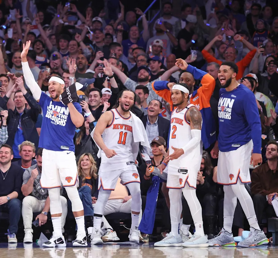 The Knicks celebrated the 119-81 victory over the Celtics at Madison Square Garden. Charles Wenzelberg / New York Post