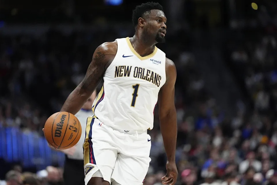 New Orleans Pelicans forward Zion Williamson (1) controls the ball in the second quarter against the Denver Nuggets at Ball Arena. Mandatory Credit: Ron Chenoy-Imagn ImagesMandatory Credit&colon; Ron Chenoy-Imagn Images