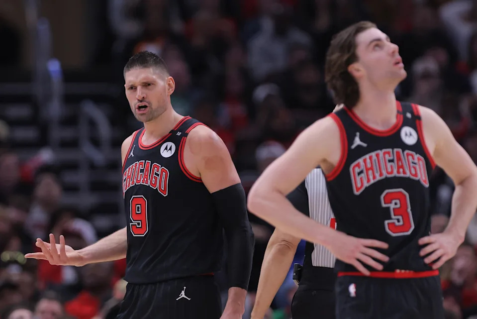 CHICAGO, IL - APRIL 16: Nikola Vucevic #9 of the Chicago Bulls reacts to a call during the second half of the 2025 SoFi Play-In Tournament against the Miami Heat on April 16, 2025 at the United Center in Chicago, Illinois. (Photo by Melissa Tamez/Icon Sportswire via Getty Images)